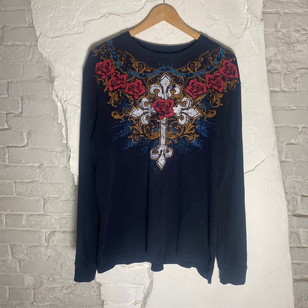 MMA Elite Mens XL Black Thermal Long Sleeve Shirt Cross Roses Graphic Y2K Gothic